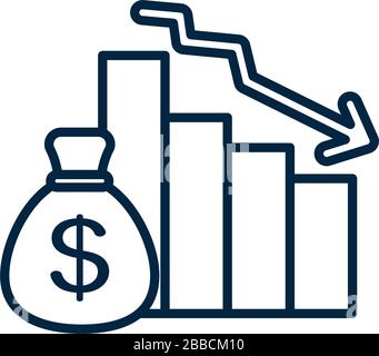 graphic bar chart with descending financial arrow and money bag icon over white background, line style, vector illustration Stock Vector