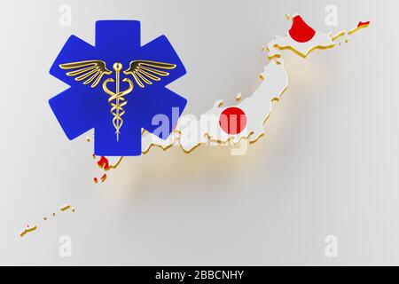 Caduceus sign with snakes on a medical star. Map of Japan land border with flag. Japan map on white background. 3d rendering Stock Photo