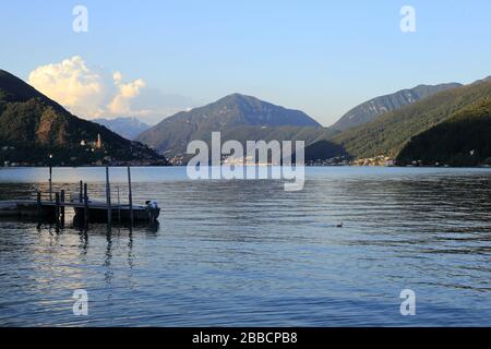 view of lake Lugano from Porto Ceresio, Italy Stock Photo