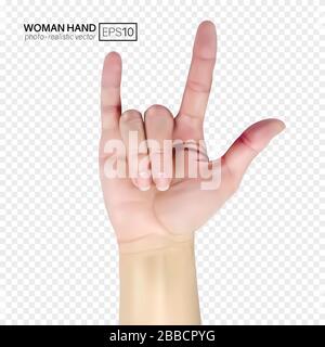 3d female hand shows rock. Realistic vector illustration on transparent background. Stock Vector