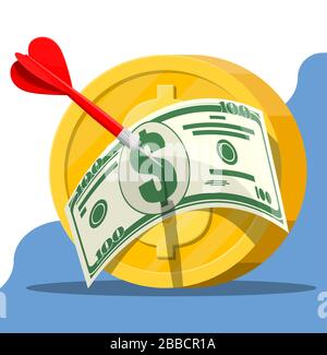 Dart arrow in dollar banknote and coin target. Goal setting. Smart goal. Business target concept. Achievement and success. Vector illustration in flat style Stock Vector