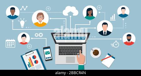 People with different skills connecting together online and working on the same project, remote working and freelancing concept Stock Vector