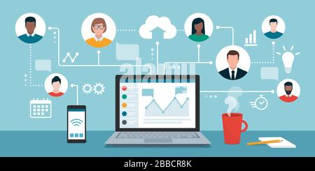 People with different skills connecting together online and working on the same project, remote working and freelancing concept Stock Vector