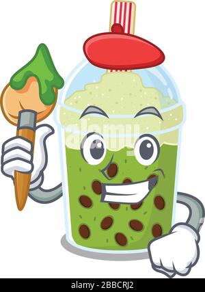 Talented matcha bubble tea Artist cartoon character with brush Stock Vector