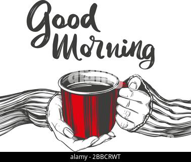 hands of a girl holding a Cup of coffee, tea, good morning isolated on white background hand drawn vector illustration realistic sketch. Stock Vector