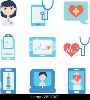 cardio hearts and health online icon set over white background, flat ...