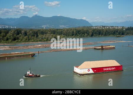 Tugboat and wood chip barge in the Fraser River near Surrey, British Columbia, Canada Stock Photo