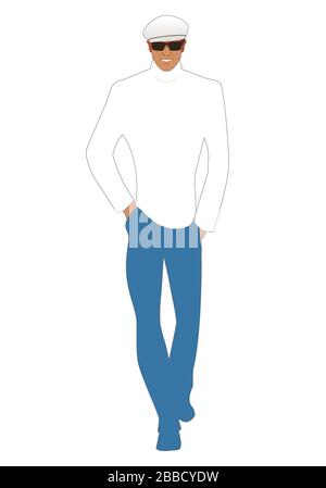 Stylish young man model, walking smiling, wearing sunglasses, beret and chic retro style clothes. Isolated on white background Stock Vector