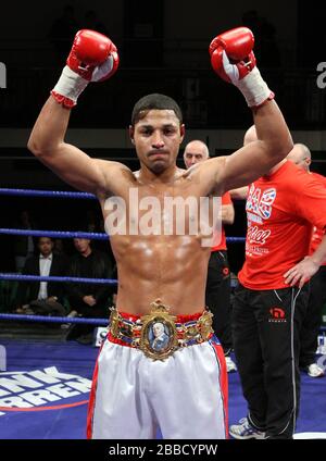 Kell Brook (Sheffield, white/red shorts) defeats Stuart Elwell (Walsall)  in a Welterweight boxing contest for the British Title at York Hall, Bethnal Stock Photo