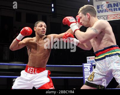 Kell Brook (Sheffield, white/red shorts) defeats Stuart Elwell (Walsall)  in a Welterweight boxing contest for the British Title at York Hall, Bethnal Stock Photo