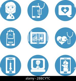 cardio hearts and health online icon set over white background, flat ...