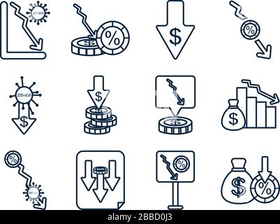 stock market crash icon set over white background, line style, vector ...