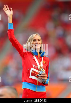 Russia's Svetlana Shkolina celebrates winning gold in the Women's High Jump Stock Photo