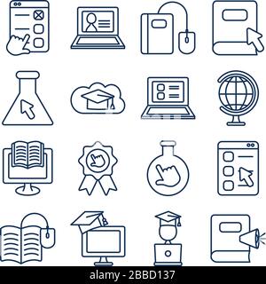 chemical flasks and education online icon set over white background, line style, vector illustration Stock Vector