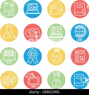 chemical flasks and education online icon set over white background, line block style, vector illustration Stock Vector