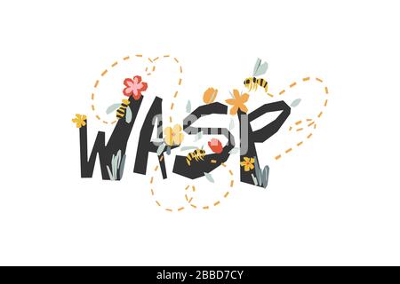 Stylized inscription Wasp. Illustration with wasps flying over a flowering meadow. Stock Vector