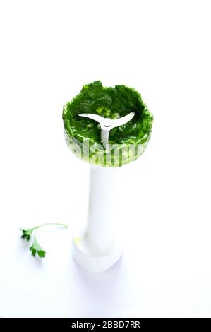 Hand blender immersed in the parsley sauce and parsley leaves on white background. Top view. Stock Photo