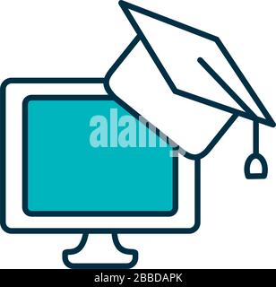 Graduation cap over computer flat block style icon design, University ...