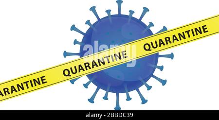 Illustration graphic vector of Corona virus with yellow warning tapes with word Quarantine, infection in Wuhan. blue virus, white background, epidemic Stock Vector