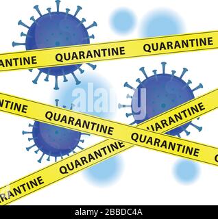 Illustration graphic vector of Corona virus with yellow warning tapes with word Quarantine, infection in Wuhan. blue virus, white background, epidemic Stock Vector