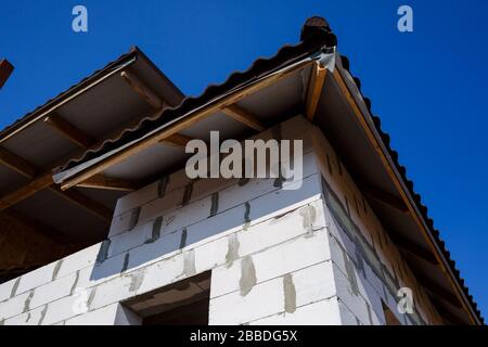 construction of a country two-story house from a gas block Stock Photo