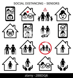 Senior man and woman social distancing at home vector icons set, grandparents leaving alone using video calls to connect with their grandchildren and Stock Vector