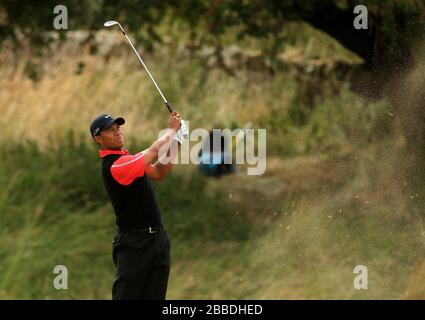 USA's Tiger Woods plays down the 2nd fairway during day four of the 2013 Open Championship at Muirfield Golf Club, East Lothian Stock Photo