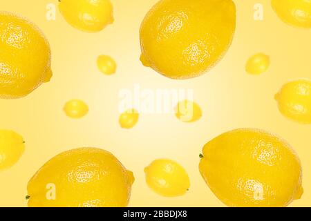 Falling whole lemons on bright yellow background with backlight. Blurred perspective. Open composition. Levitation food concept. Stock Photo