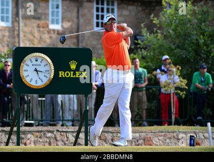 England's Lee Westwood tees off on the 10th hole during day three of the 2013 Open Championship at Muirfield Golf Club, East Lothian Stock Photo