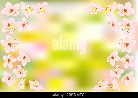 Background with cherry or pink sakura blossoms flowers on blurred green backdrop. Floral spring time season design with place for copy space. Vector Stock Vector
