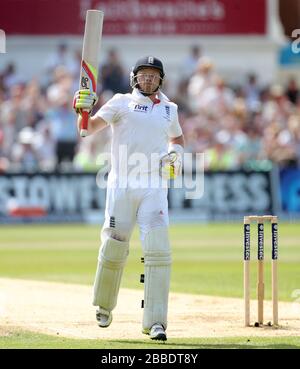 England batsman Ian Bell celebrates his century against Australia, during day four of the First Investec Ashes Test match at Trent Bridge, Nottingham. Stock Photo