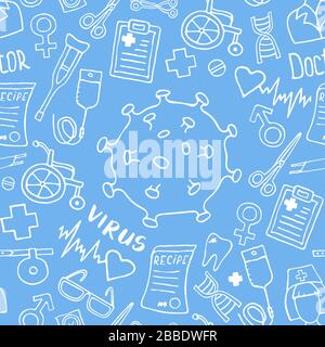 Medicine seamless doodle pattern with virus or bacteria icon. Hand drawn Health care, pharmacy, medical cartoon background. Vector illustrations. Stock Vector