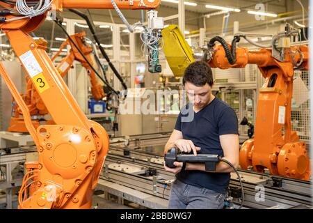 robot diagnostics using special software in the factory Stock Photo
