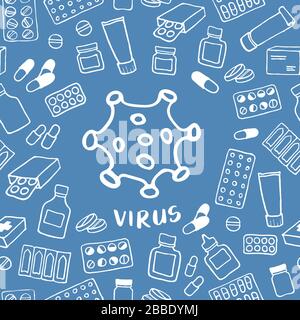 Medicine seamless doodle pattern with virus or bacteria icon. Hand drawn Health care, pharmacy, medical cartoon background. Vector illustrations. Stock Vector