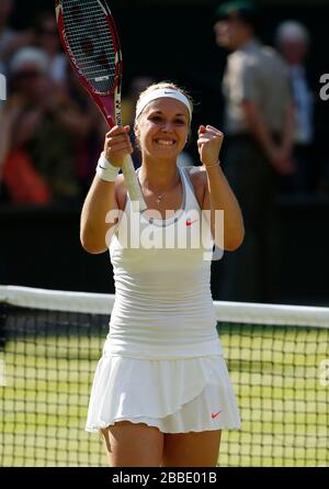 Germany's Sabine Lisicki celebrates defeating Poland's Agnieszka Radwanska Stock Photo