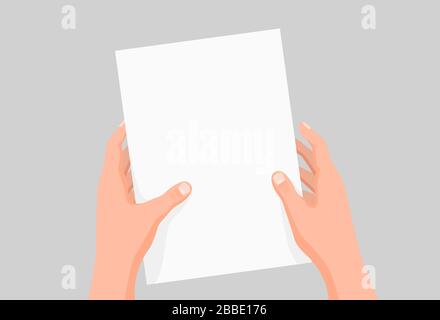 Cartoon human hands hold clear paper sheet template vector graphic illustration Stock Vector