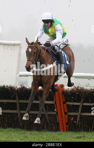 Lyvius ridden by Barry Geraghty jumps the last in the the Floor V Davis HL1979 Juvenile Hurdle - Horse Racing at Newbury Racecourse, Berkshire Stock Photo