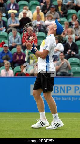 Great Britain's Kyle Edmund celebrates victory against France's Kenny De Schepper during the AEGON International at Devonshire Park, Eastbourne. Stock Photo