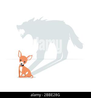 Cartoon cute little dog having horrible beast shadow isolated on white background Stock Vector