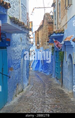 Blue alleyway in the Medina of Chefchaouen, Morocco Stock Photo