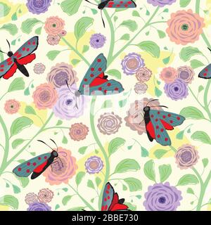 Six spot burnet butterfly seamless vector pattern background. Day flying moth Indian floral style backdrop. Scottish coastal insect all over print for Stock Vector