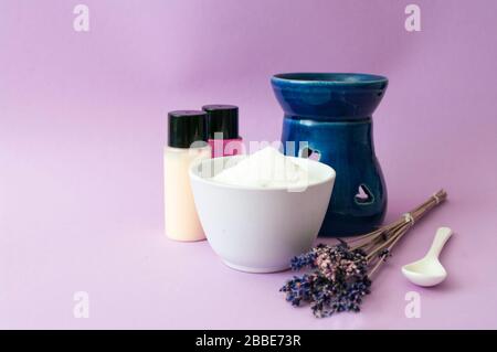 Handmade natural cosmetics, lavender flowers,herbal, work from home business. Skin care. Healthy lifestyle. Stock Photo