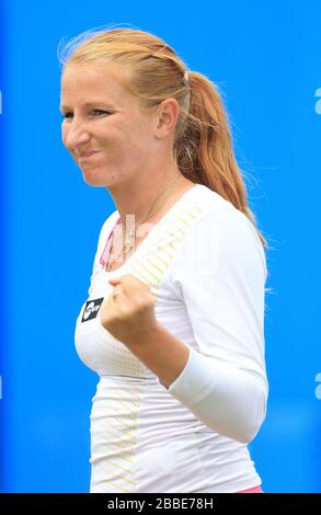 Russia's Alla Kudryavtseva celebrates  against Great Britain's Heather Watson during the AEGON Classic at Edgbaston Priory, Birmingham. Stock Photo