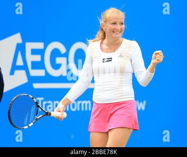 Russia's Alla Kudryavtseva celebrates  against Great Britain's Heather Watson during the AEGON Classic at Edgbaston Priory, Birmingham. Stock Photo