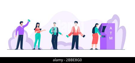 Cartoon positive people standing in queue to atm vector flat illustration Stock Vector