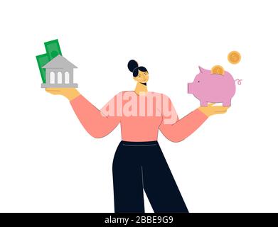 Cartoon colorful woman choosing between saving cash in bank and piggybank Stock Vector