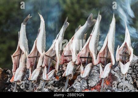 La Cala de Mijas, Costa del Sol, Malaga Province, Andalusia, southern Spain.  Fish roasting over open fire outside beachside restaurant, known as a ch Stock Photo