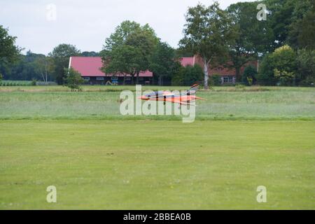 NIJVERDAL, NETHERLANDS - JUNE 23, 2018: Rc plane demonstration with several types of remote controled planes and helicopters Stock Photo