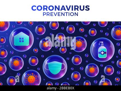 Banner or pattern with viruses. Coronavirus on a dark background with a neon effect and realistick glossy ball. Covid-19 prevention icon Vector illust Stock Vector