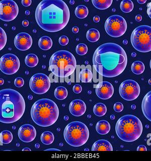 Seamless pattern with viruses. Coronavirus on a dark background with a neon effect and realistick glossy ball. Covid-19 prevention icon Vector illustr Stock Vector